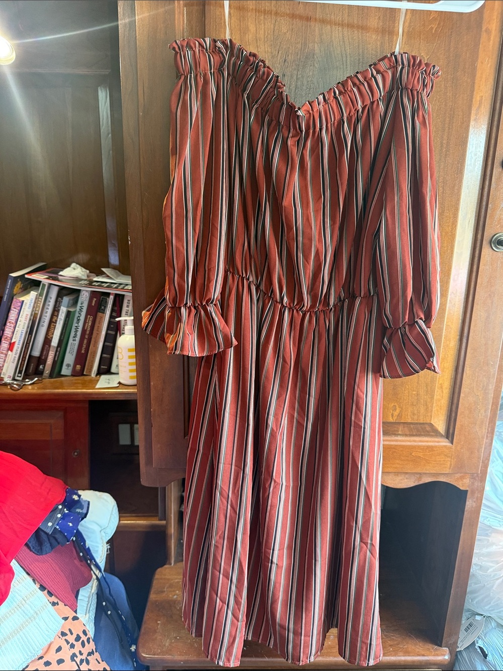 1.4.3. Story by Line Up Rust and Black Striped Off-Shoulder Dress